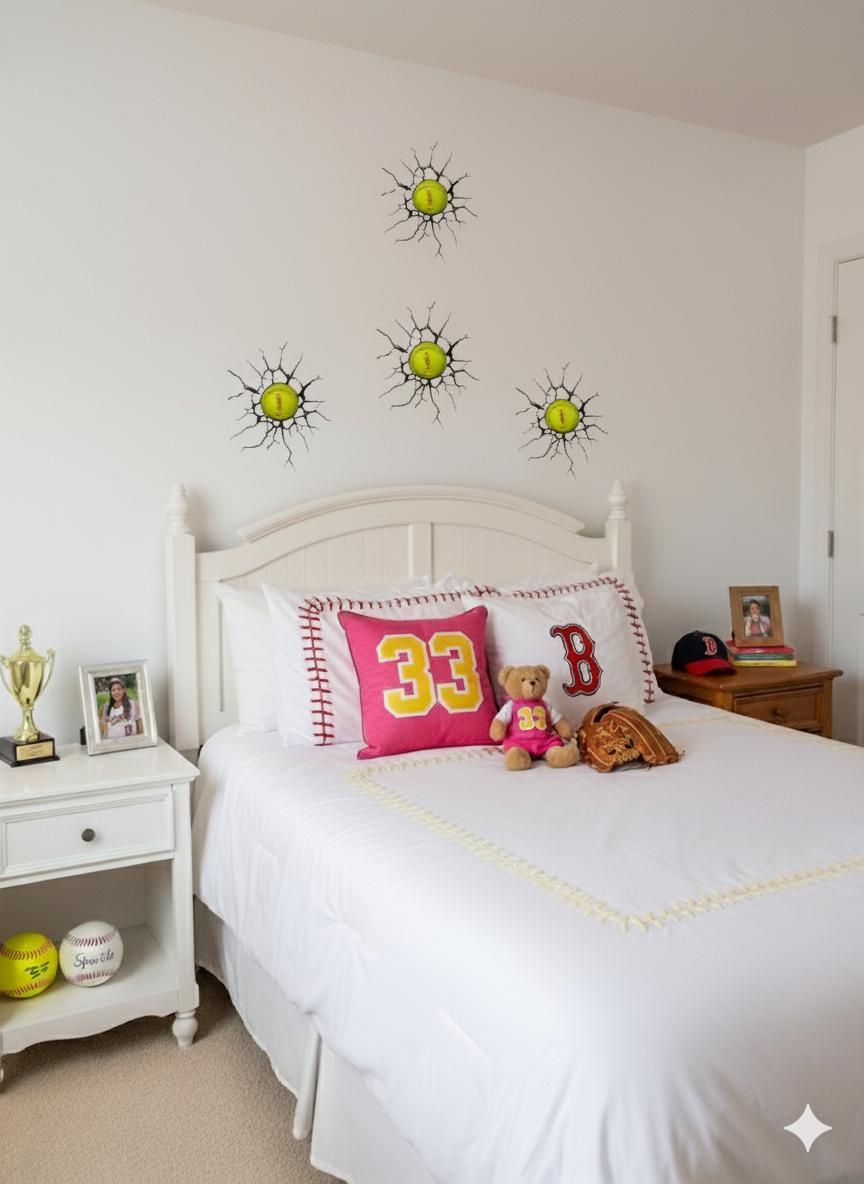 Softball/Baseball Wall Decor with Bat Holder – Real Half Ball & Crack Sticker