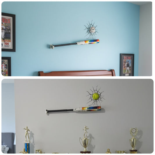 Softball/Baseball Wall Decor with Bat Holder – Real Half Ball &amp; Crack Sticker